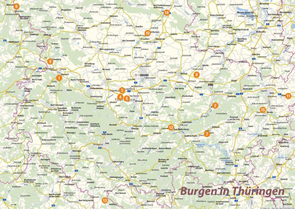 Karte der Burgen in Thüringen